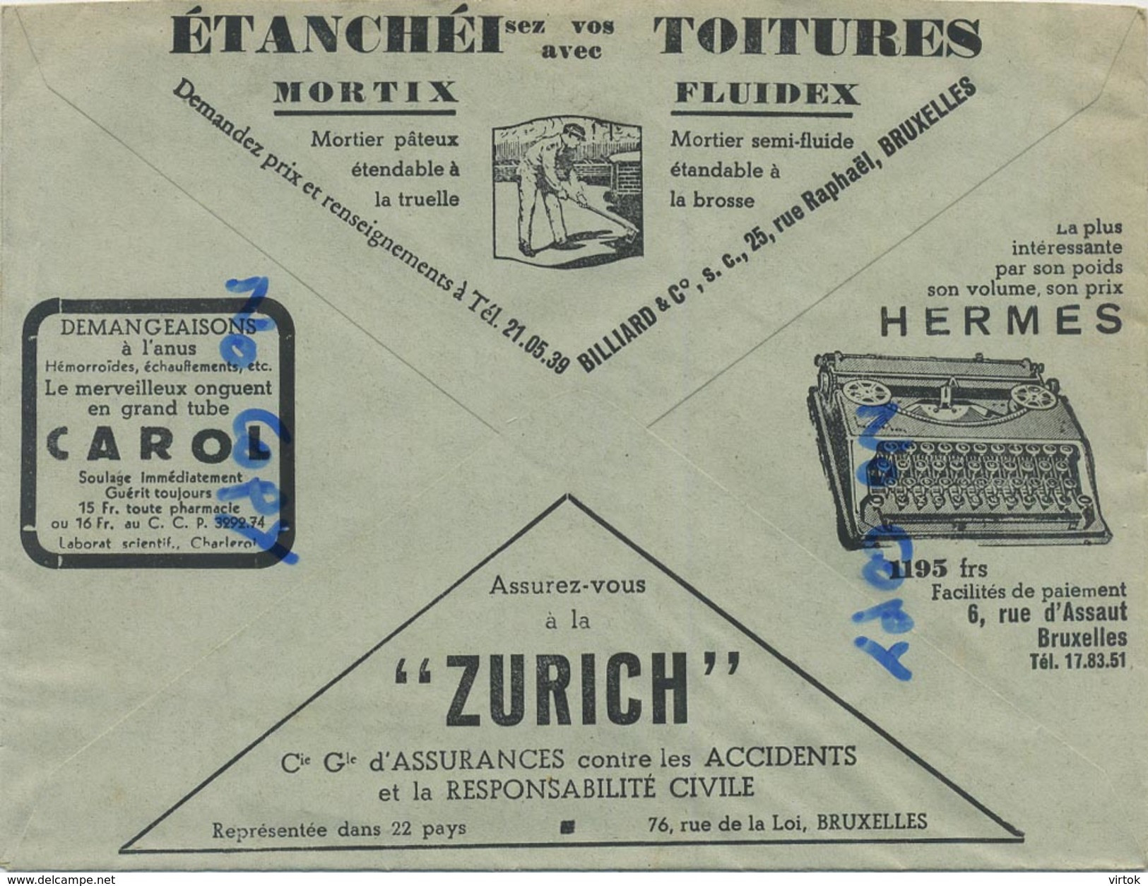 Old Envelope With Publicité: Typewriters HERMES-Zurich Ass.-1937- Verso: Le Projecteur ANTI BROULLARD  ( 2 Scan ) - Enveloppes
