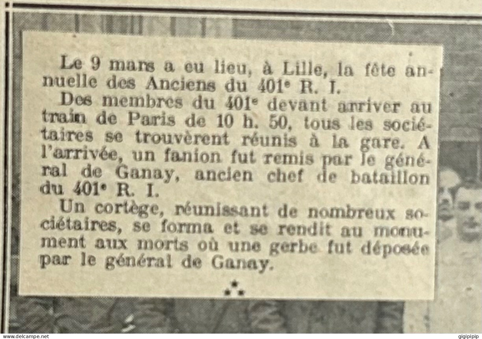 1930 GHI11 GROUPE DES ANCIENS DU 401° D'INFANTERIE SECTION DE LILLE Général De Ganay. - Collections