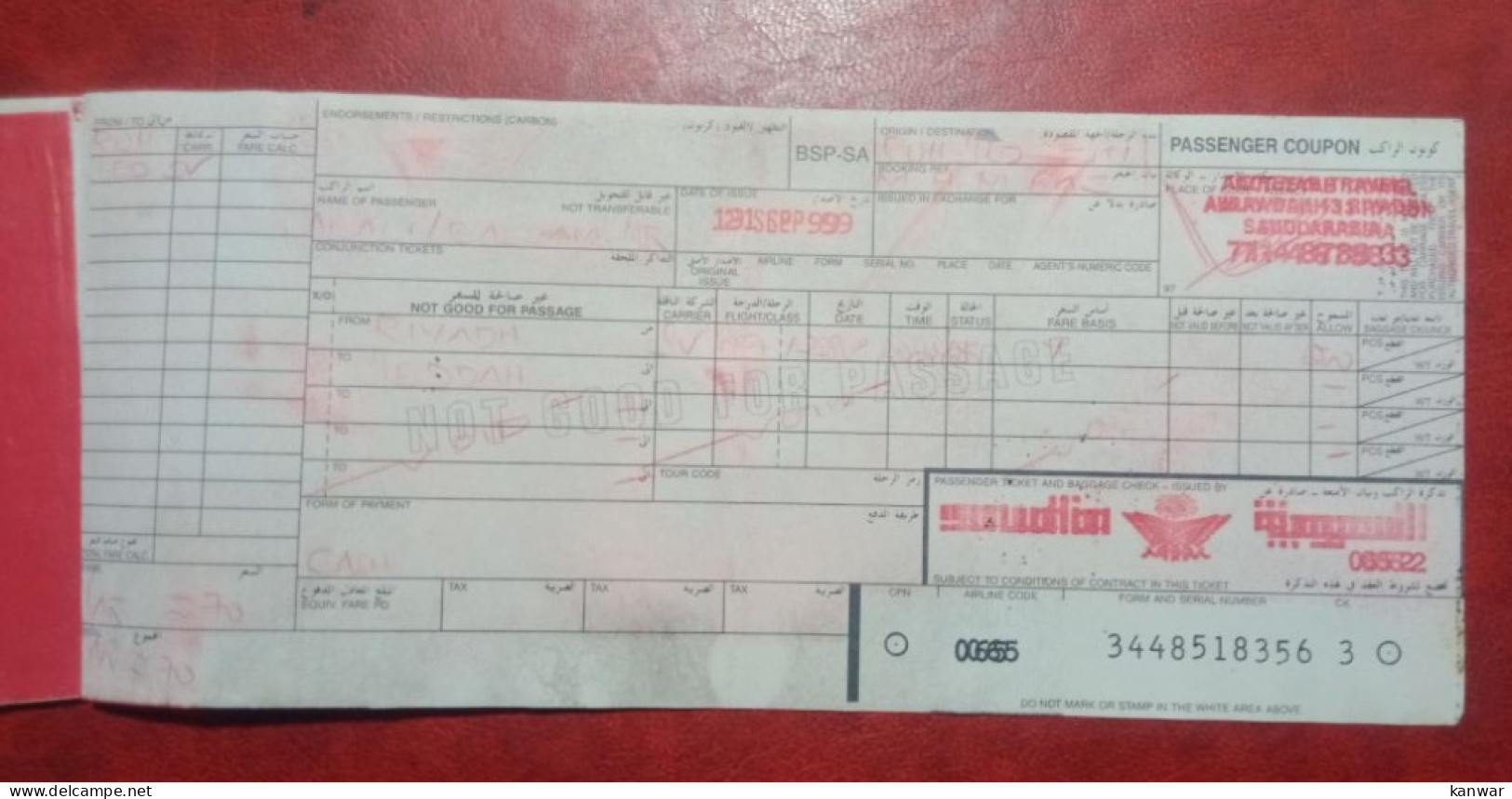 1999 SAUDIA AIRLINES PASSENGER TICKET AND BAGGAGE CHECK - Biglietti