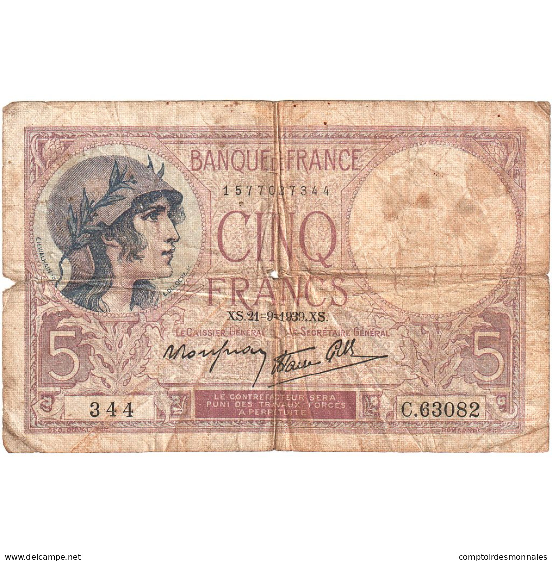 France, 5 Francs, Violet, 1939, C.63082, B+, Fayette:04.09, KM:83 - 5 F 1917-1940 ''Violet''