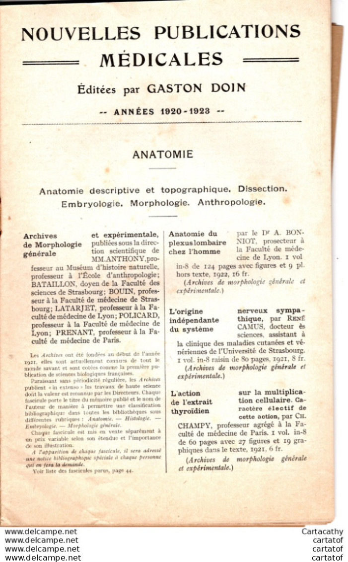 CATALOGUE Des NOUVELLES PUBLICATIONS MEDICALES . Janvier 1920 MAI 1923 Chez GASTON DOIN . Editeur OCTAVE DOIN . - Pubblicitari