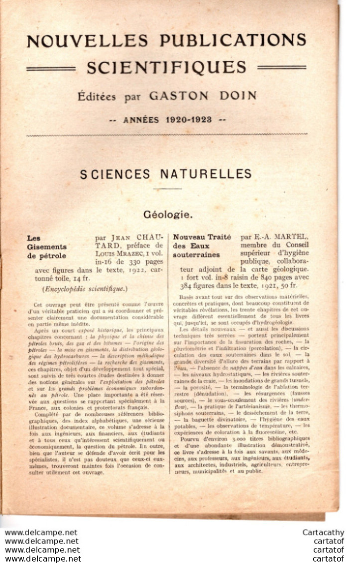 CATALOGUE Des NOUVELLES PUBLICATIONS SCIENTIFIQUES Janvier 1920 Mars 1923 Chez GASTON DOIN . Editeur OCTAVE DOIN . - Pubblicitari