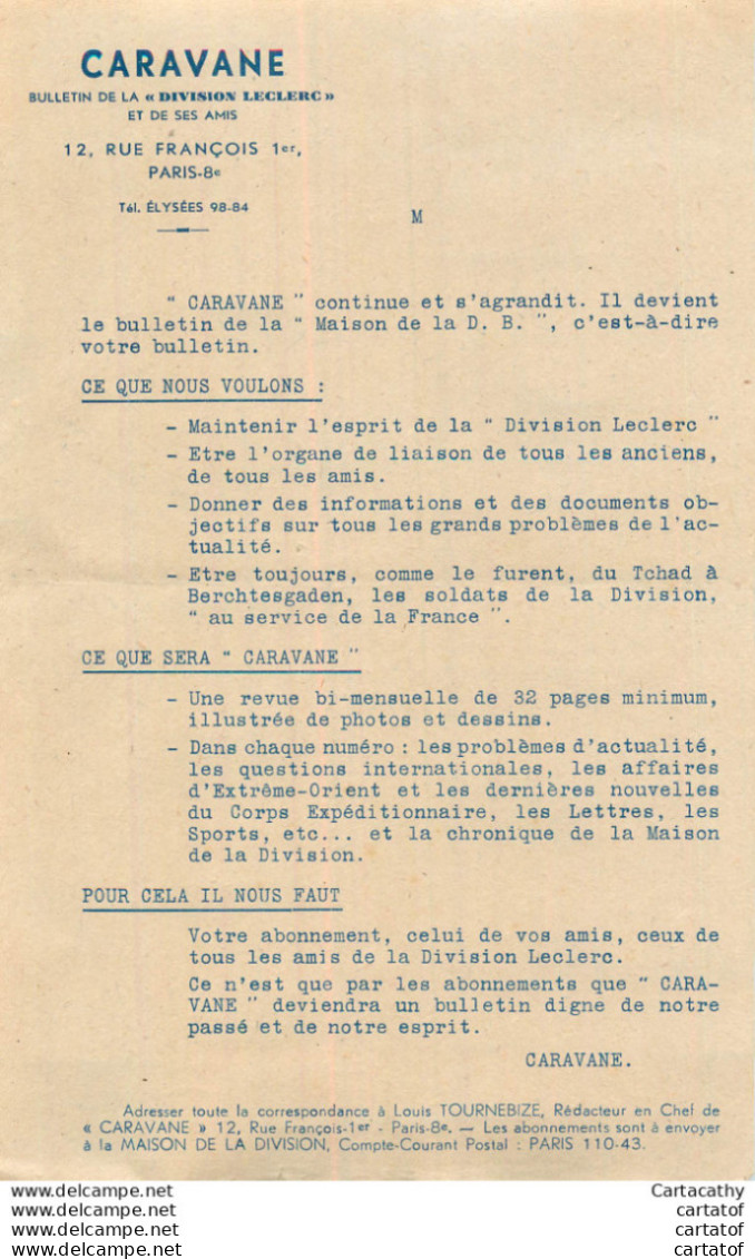 CARAVANE Bulletin De La DIVISION LECLERC Et De Ses Amis . Maison De La D. B. .  Appel à Abonnement . - Pubblicitari