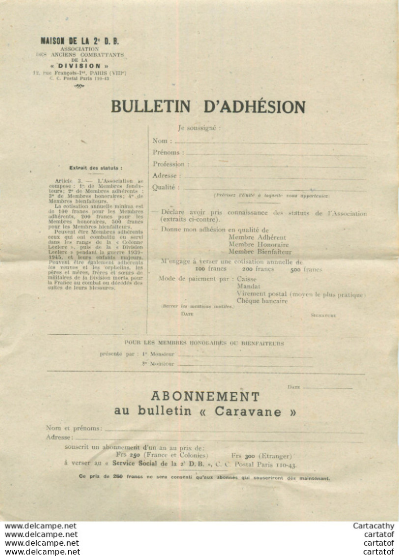 MAISON Des ANCIENS De La 2e D. B. . Appel à Adhésion Lettre + Bulletin  Aout 1945 - Pubblicitari