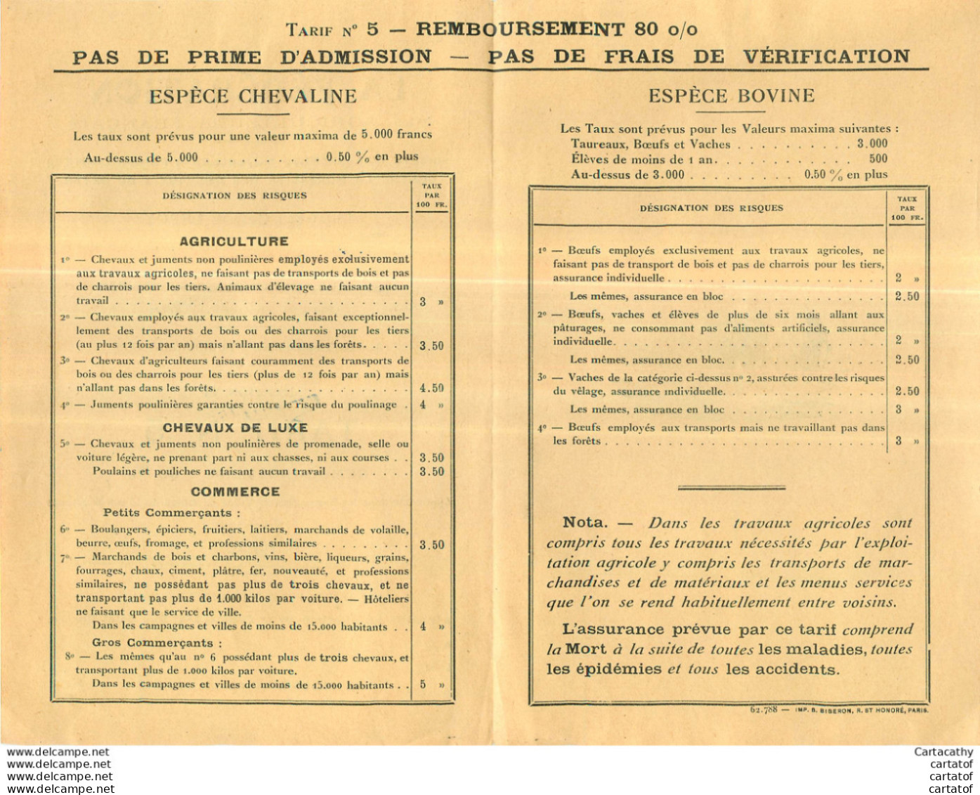 TARIF . FEDERATION Des AGRICULTEURS FRANCAIS . ASSURANCES MUTUELLES MORTALITE DES CHEVAUX ET DU BETAIL... - Publicités