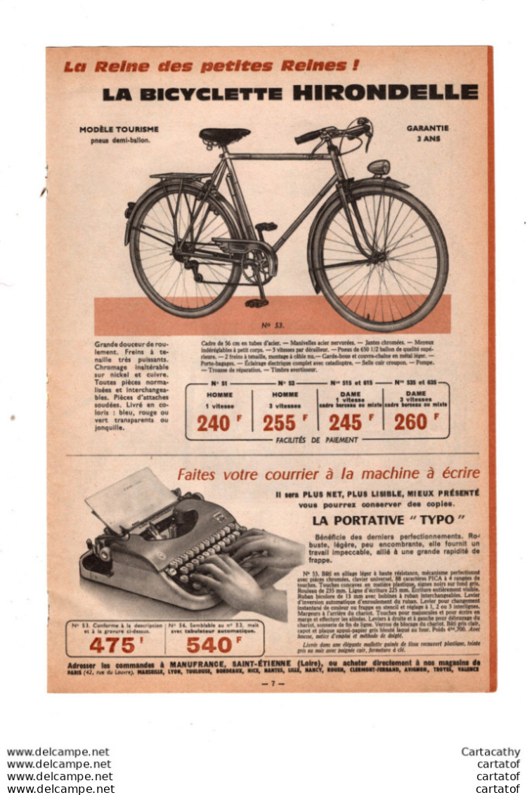 L'affaire MANUFRANCE Du Mois Février 1964 Fusil LE ROBUST , Machine à Coudre OMNIA , Bicyclette HIRONDELLE ... - Publicités