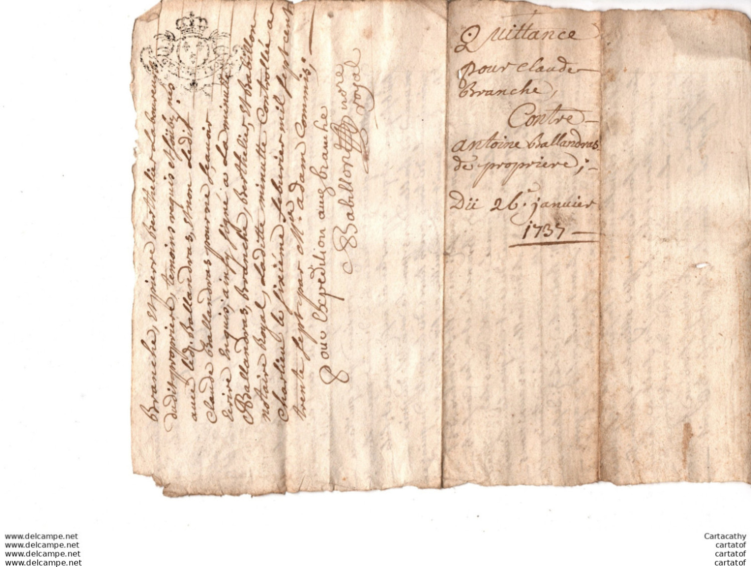 En 1737 :  Quittance Pour Claude BRANCHE Contre Antoine BALLANDRAS De Propiere . BABILLON Notaire Royal . - Manuscripts