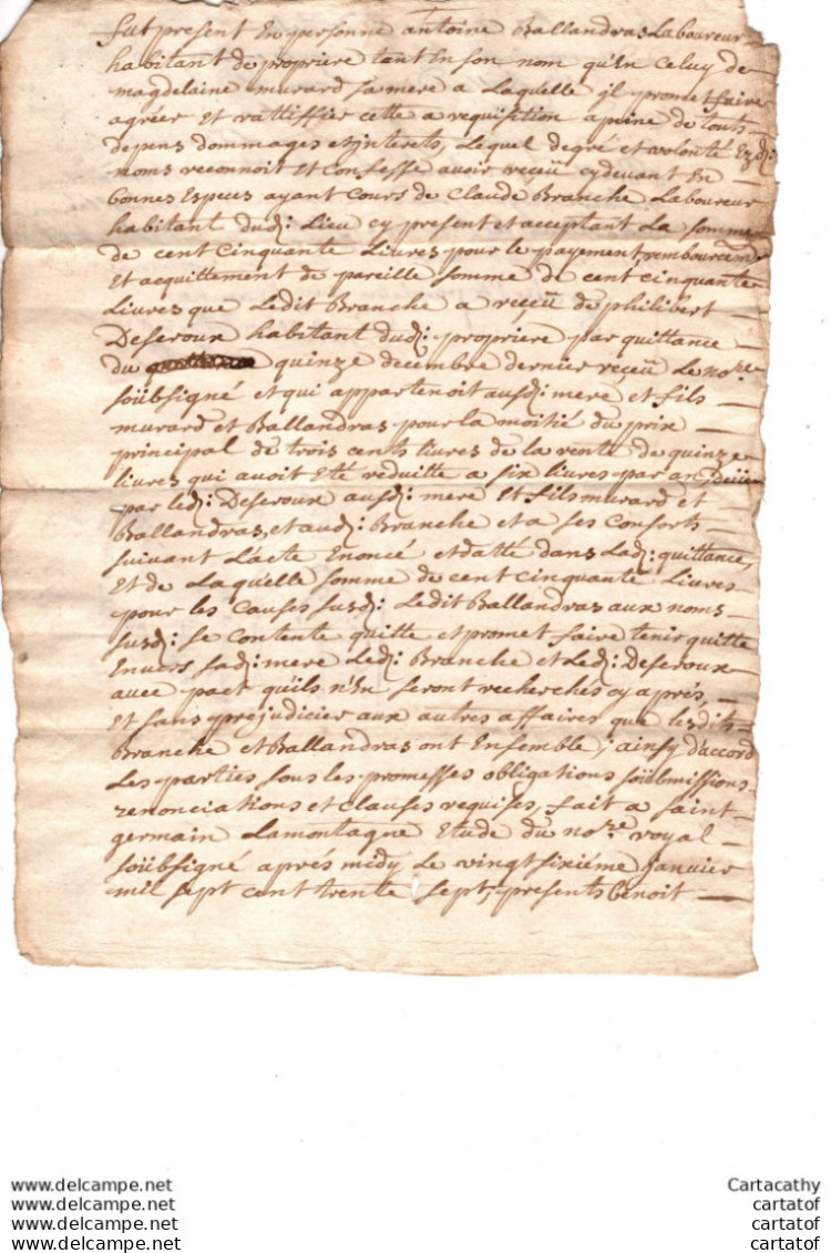 En 1737 :  Quittance Pour Claude BRANCHE Contre Antoine BALLANDRAS De Propiere . BABILLON Notaire Royal . - Manuscripts