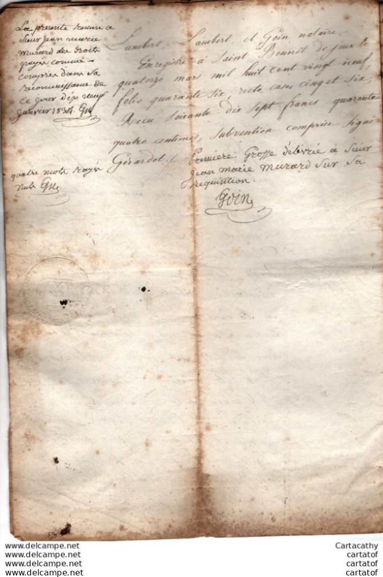 Cession De Droits à MONTMELARD Le 7 Mars 1829 Par Jean DEGUEURCE Et Benoite MURARD à JM MURARD . GOIN Notaire . - Manuscripts