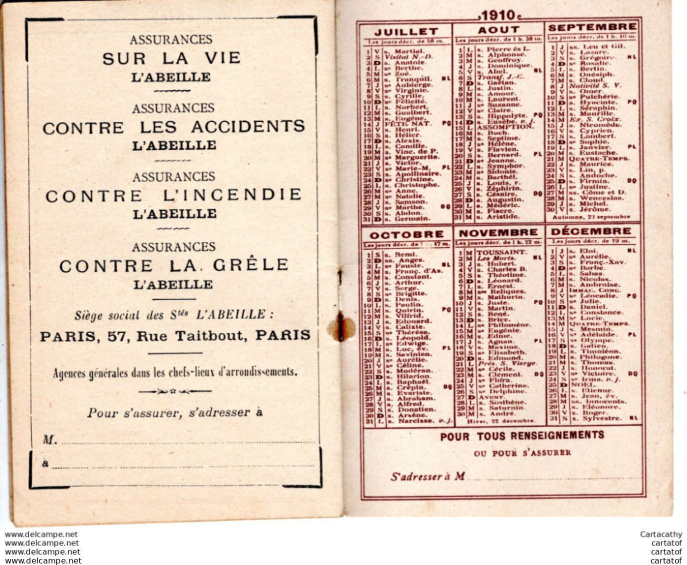 AGENDA 1910 Offert Par L'ABEILLE . - Petit Format : 1901-20