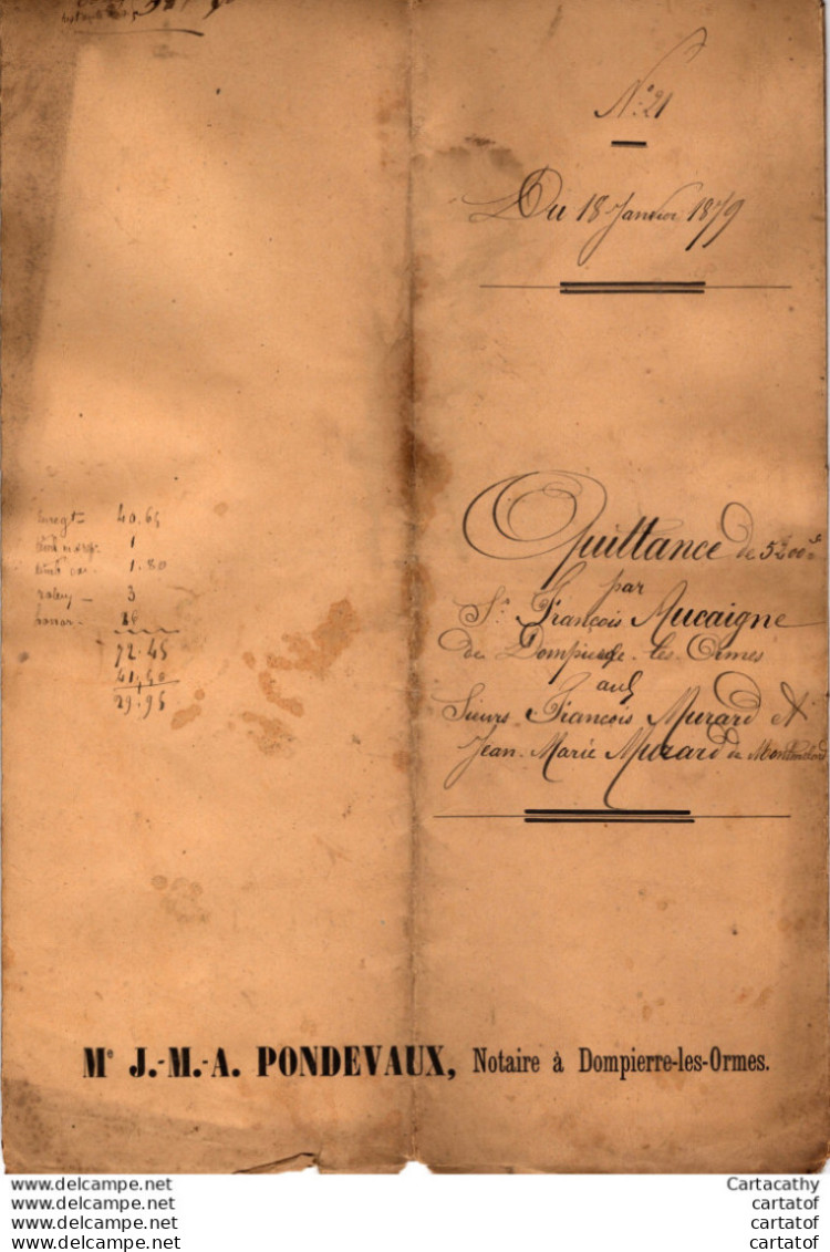 Inventaire Après Décés De François MURARD De MONTMELARD En 1877 . Etude PONDEVAUX à DOMPIERRE LES ORMES - Manuscrits