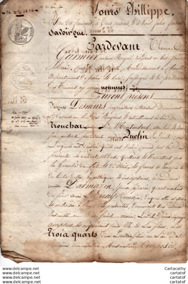 Vente De 1836 à Annette DARMAZIN Femme LAFRAYE Du BOIS SAINTE MARIE Contre Jacques DESMARS Et Marie QUELIN De MONTMELARD - Manuscrits