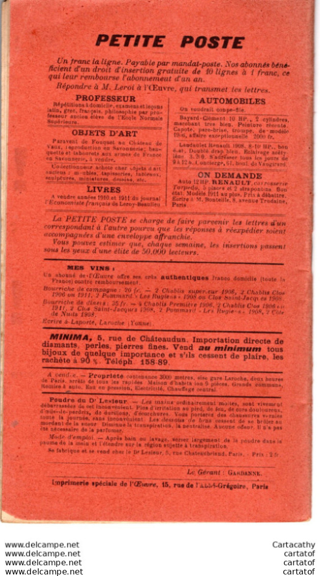 L'OEUVRE . La Question De Vie Ou De Mort Des ENFANTS DES SOLDATS . N° 9 Février 1913 - Andere & Zonder Classificatie