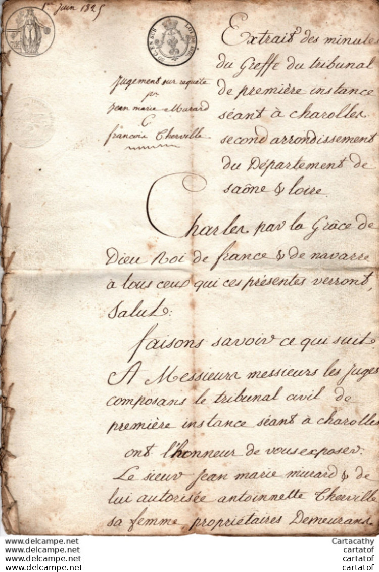 Extrait Des Minutes Du Tribunal De CHAROLLES 1er Juin 1825. Sieur MURARD Antoinnette CHERVILLE De MONTMELARD CHARDON - Manuscrits