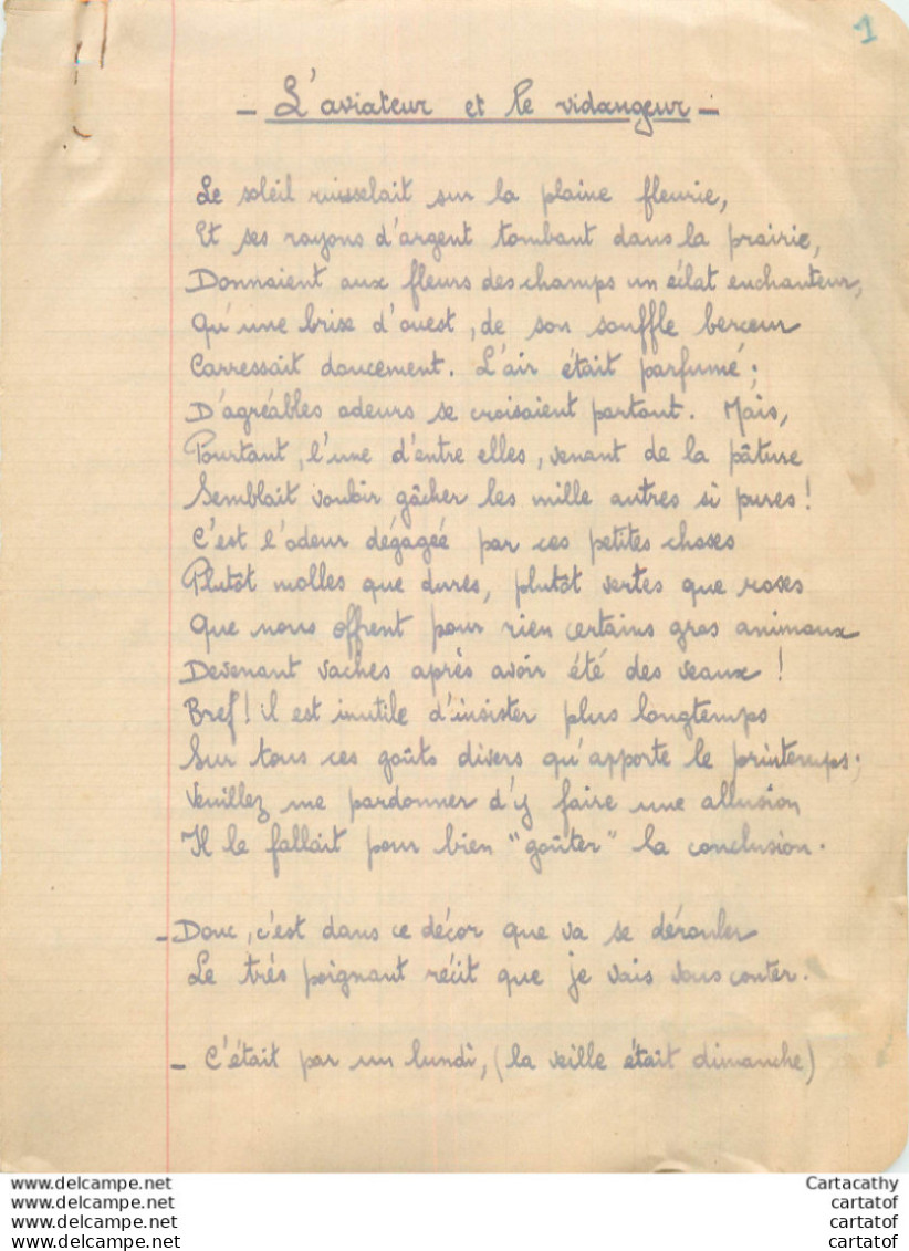 Original Manuscrit Inédit . L'aviateur Et Le Vidangeur .  Fable Récit En Vers De Pierre LECOMPTE ( ONNAING ).  - Manuscripts