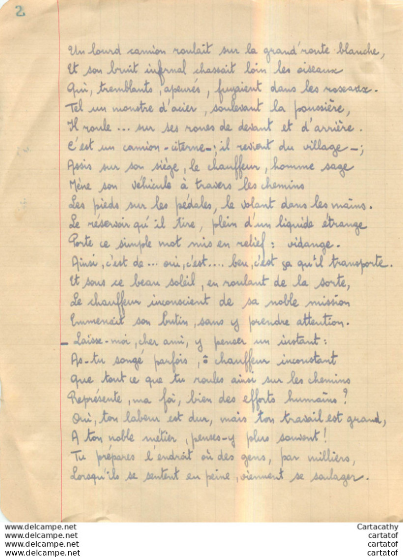 Original Manuscrit Inédit . L'aviateur Et Le Vidangeur .  Fable Récit En Vers De Pierre LECOMPTE ( ONNAING ).  - Manuscripts