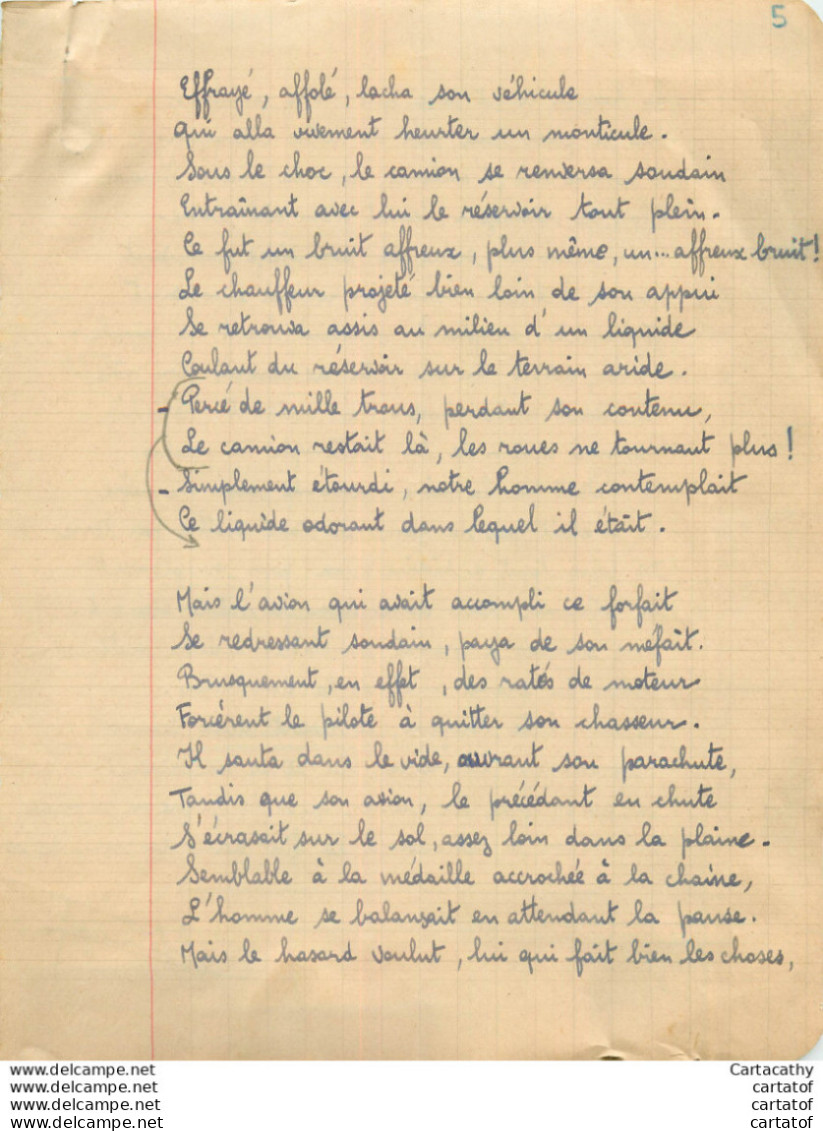 Original Manuscrit Inédit . L'aviateur Et Le Vidangeur .  Fable Récit En Vers De Pierre LECOMPTE ( ONNAING ).  - Manuscrits