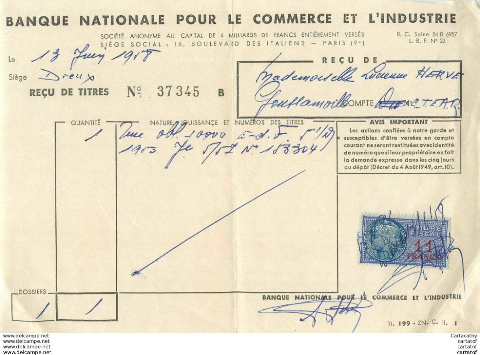 Banque Nationale Pour Le Commerce Et L'Industrie . DREUX . Reçu De Titres 1958 Avec Timbre Fiscal . - Bank & Versicherung