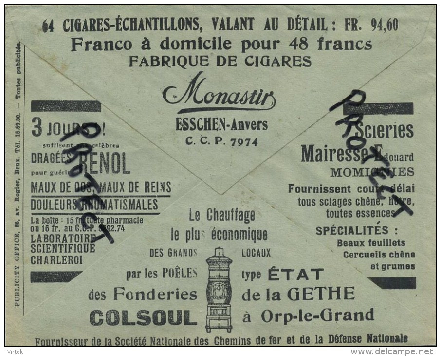 Old Envelope With Publicité 1935:Essen Anvers : Cigares Monastir /Opr-le-Grand :Chauffage Colsoul / Momignies Scieries - Enveloppes