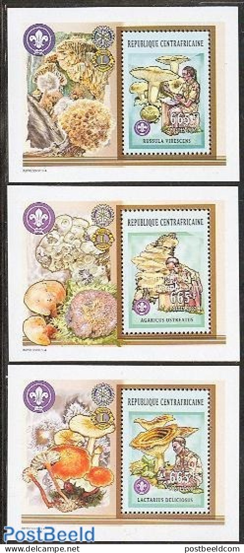Central Africa 2002 Scouting/mushrooms 3 S/s, Mint NH, Nature - Sport - Various - Mushrooms - Scouting - Lions Club - .. - Pilze