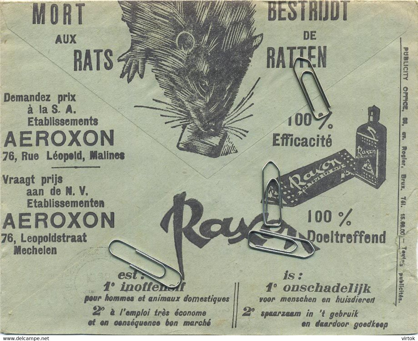 Old Envelope With Publicité : Mechelen :Aeroxon RAXON :bestrijdt Ratten-mort Aux Rats //verso Forest- Vorst : SURDIAC - Covers