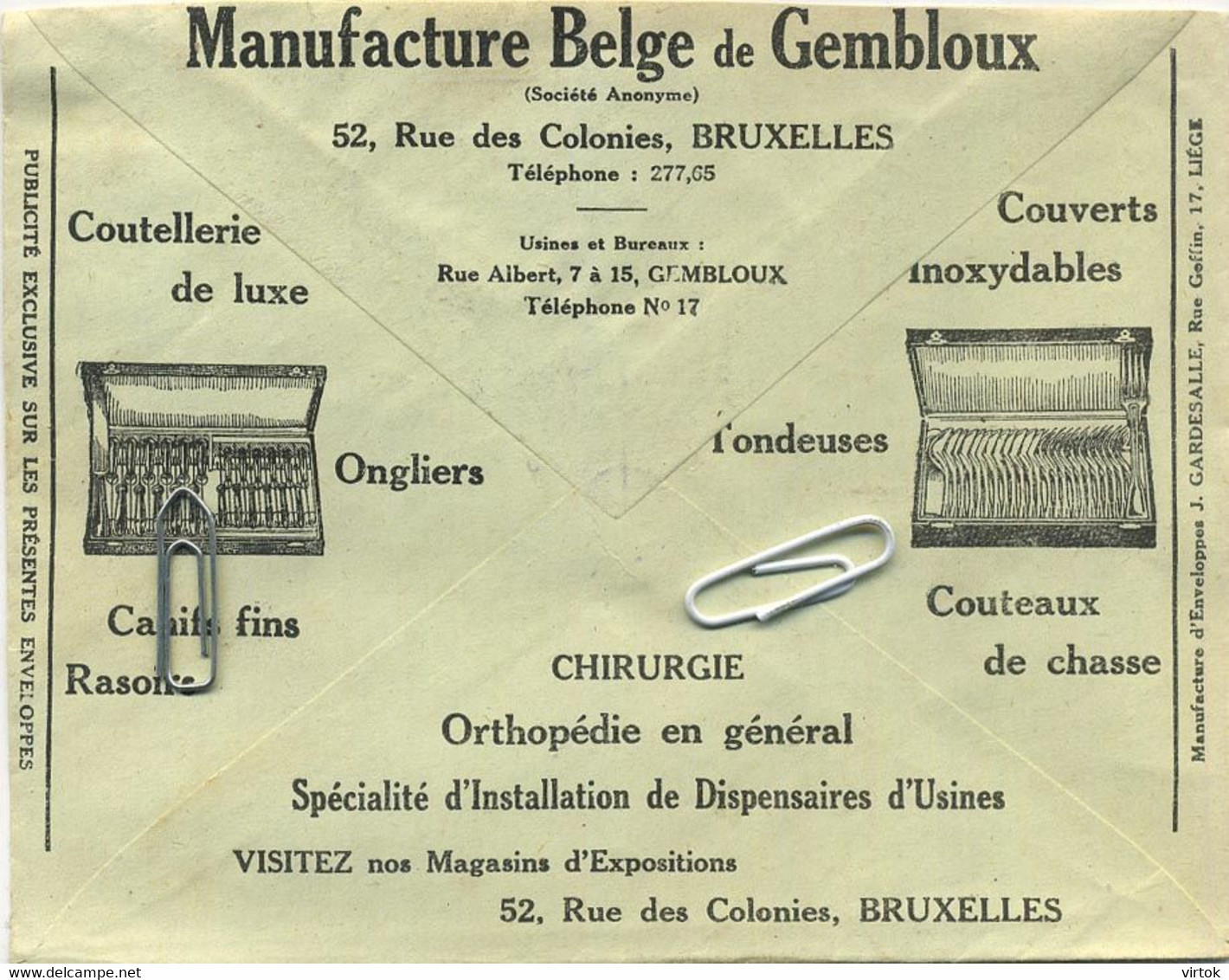 Old Envelope With Publicité  1929 : Gembloux : Coutellerie De Luxe - Couverts Inoxydables - Chirurgie Orthopédie En Géné - Sobres