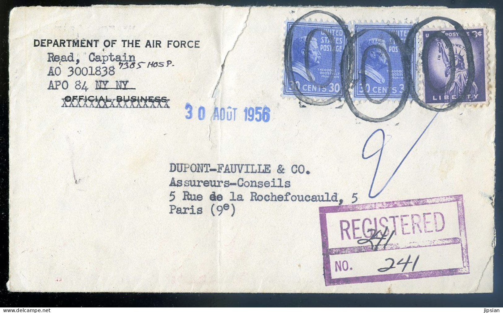 Lettre Department Of The Air Force To France 1956 -- Cachet Singulier --- Marcophile états Unis Usa             STEP123 - Poststempel