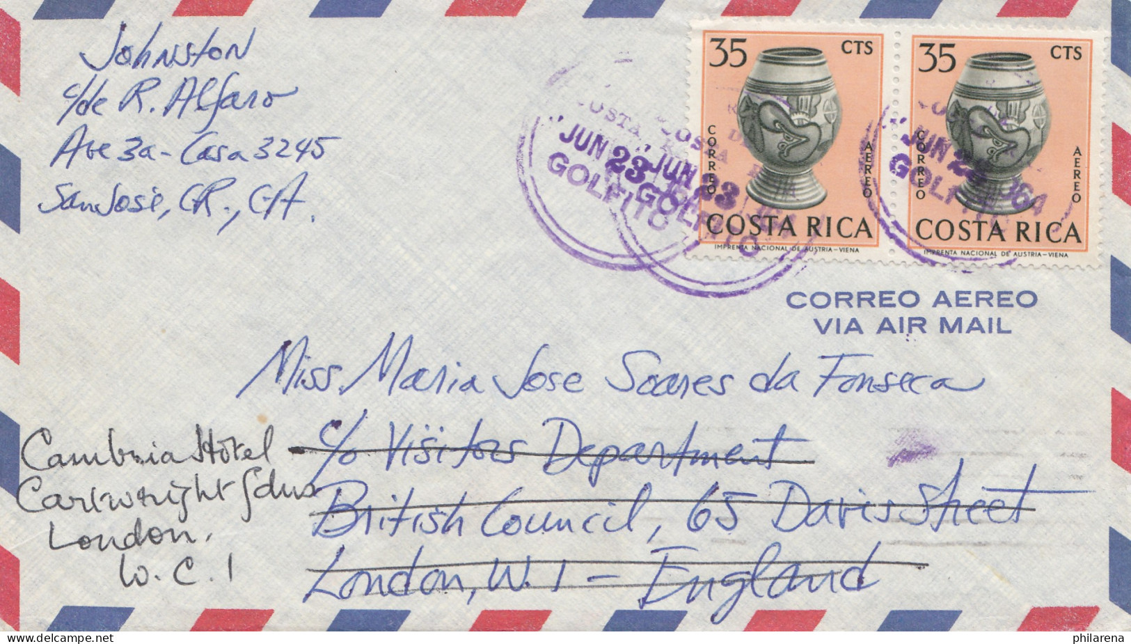 Costa Rica: 1964: San Jose To London - Forwarded - Costa Rica