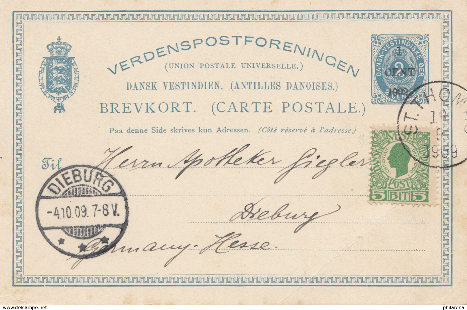 Dansk-Vestindien: 1909 St. Thomas Post Card To Dieburg/Germany - Antillas Holandesas