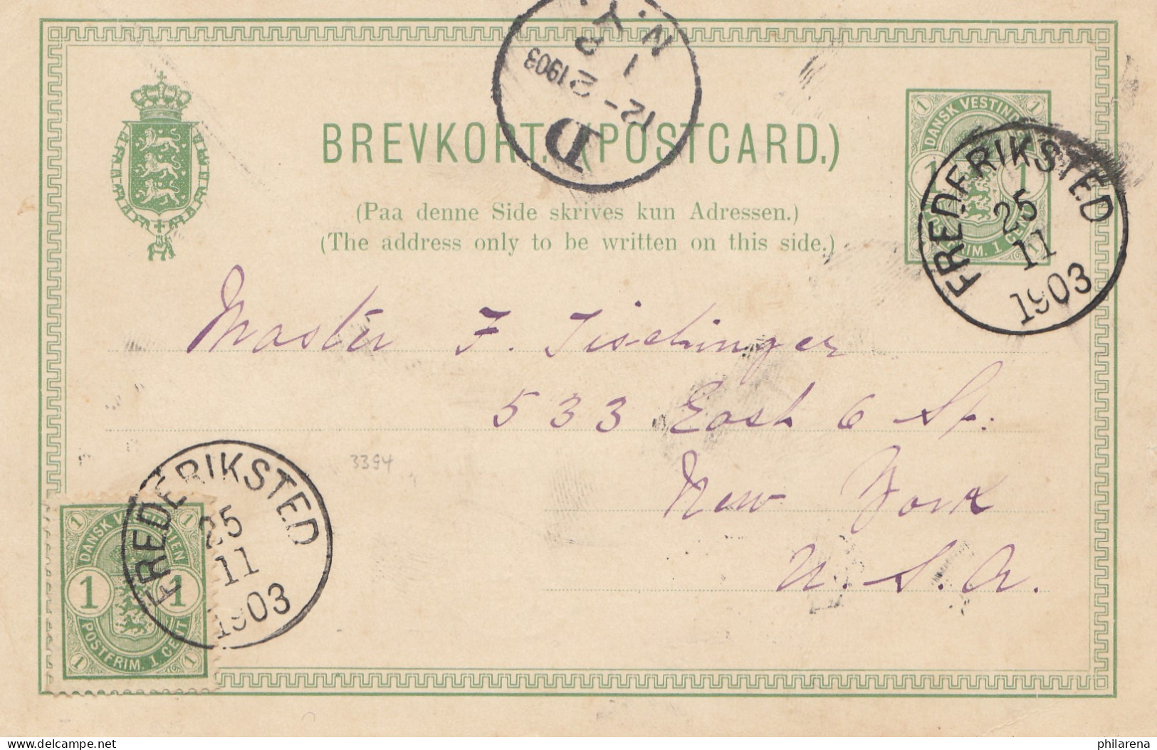 Dansk-Vestindien: 1903: Post Card Frederiksted To New York - Antillen