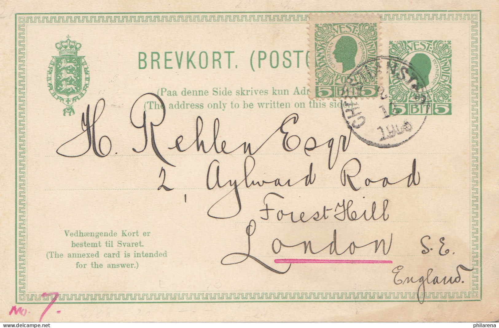 Dansk-Vestindien: Christianstad 1905 Postcard To London - Antillen