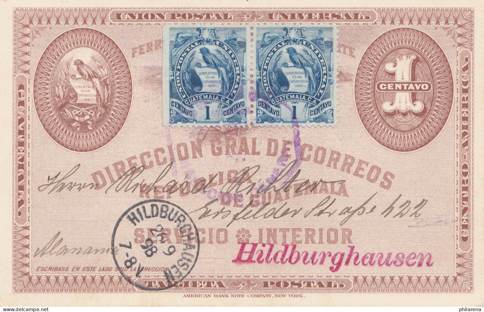 Guatemala: 1898: Servicio Interior Post Card To Hildburghausen  - Guatemala