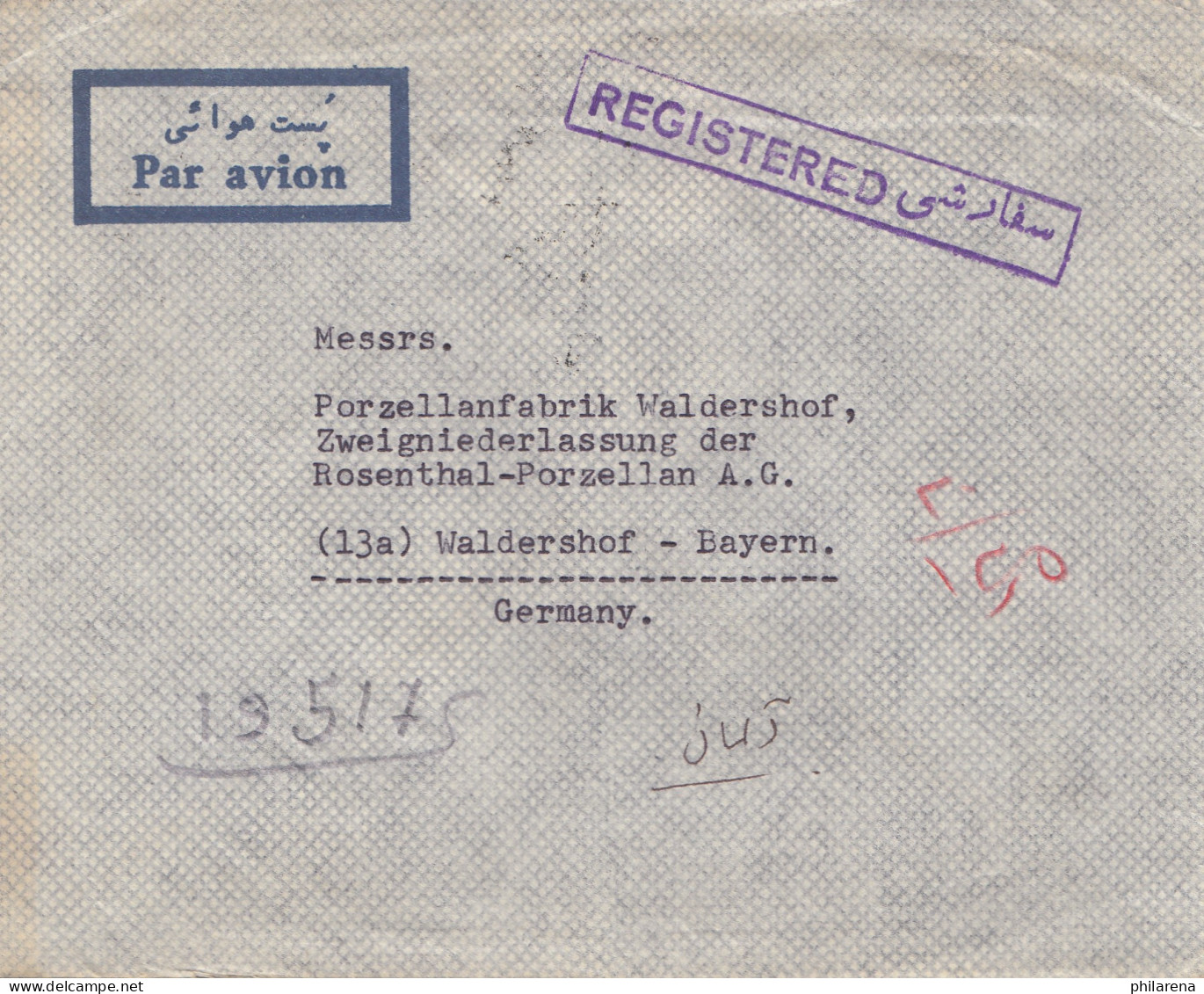 1956 Teheran To Waldershof, Registered - Iran