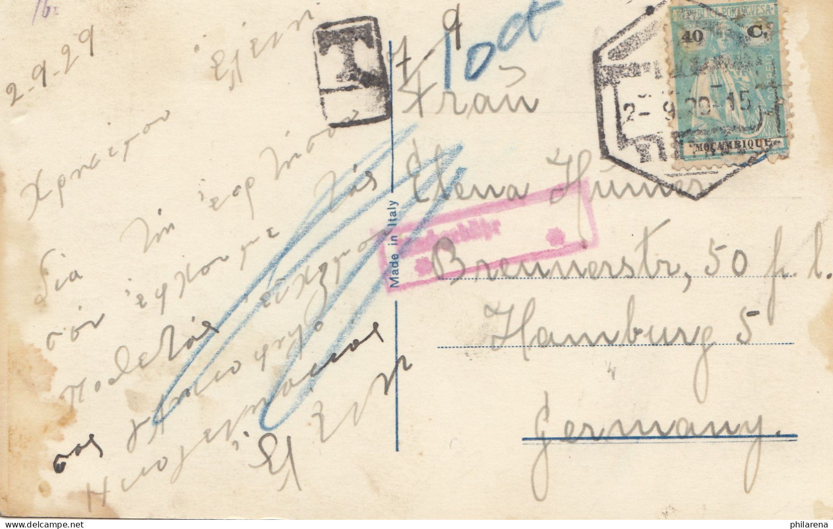 Mocambique 1929: Post Card - Tax - To Hamburg - Mozambique