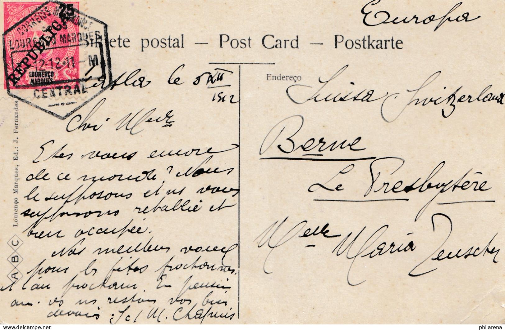Mocambique 1912 Post Card Lourenco Marques Avenida D. Carlos To Bern/Switzerland - Mozambique