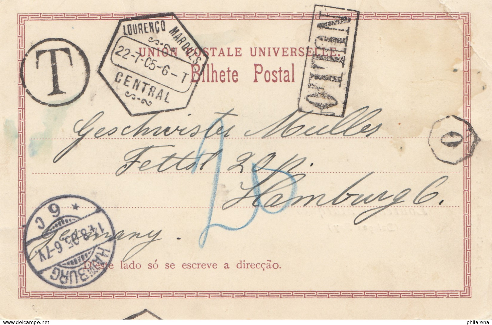 Mocambique 1905: Post Card Lourenco Marques, Tax To Hamburg - Mozambique