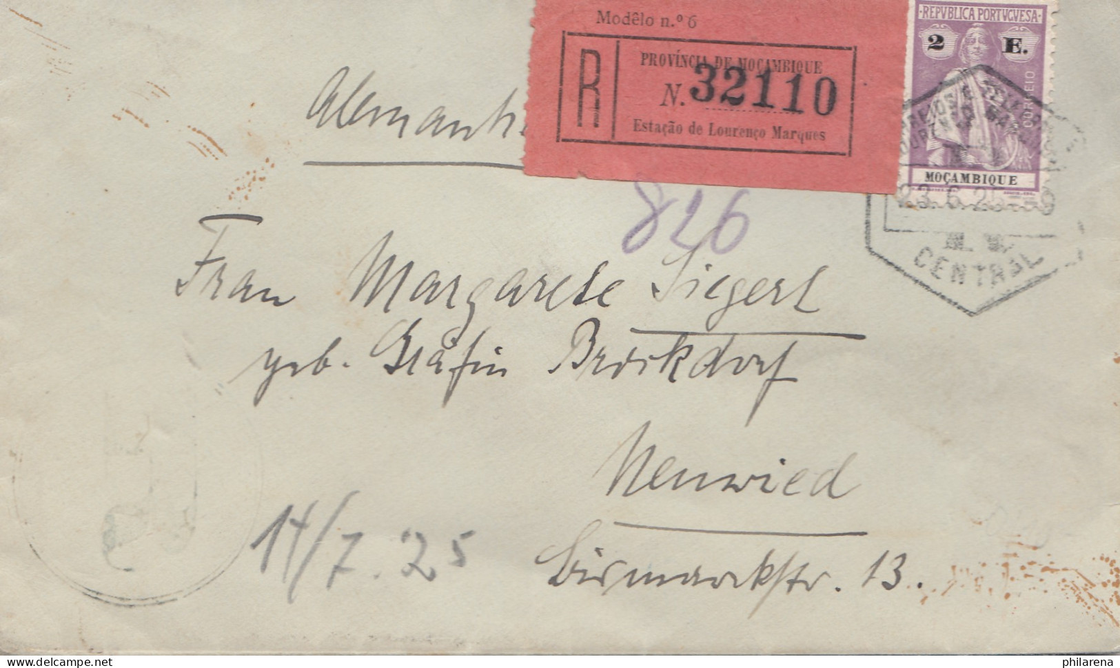 Mocambique 1925: Registered Lourenco Marques To Neuwied - Mosambik