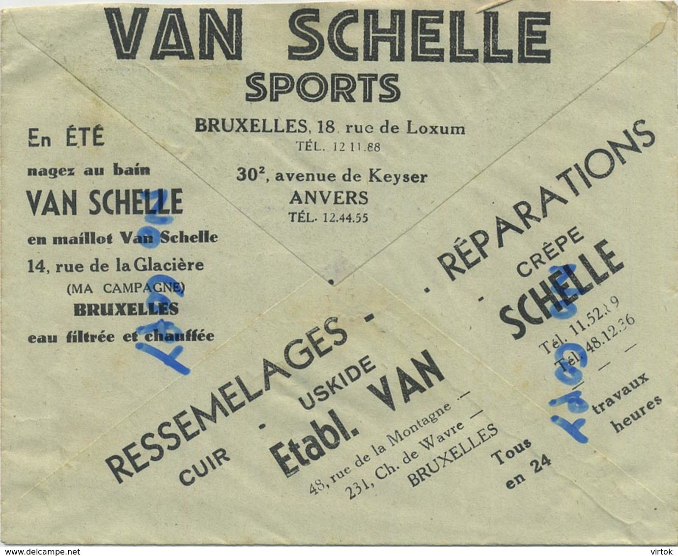 Old Enveloppe : Van Schelle Sports : Anvers - Bruxelles  ( Tennis--balles-swimming )  See Scans - Autres & Non Classés