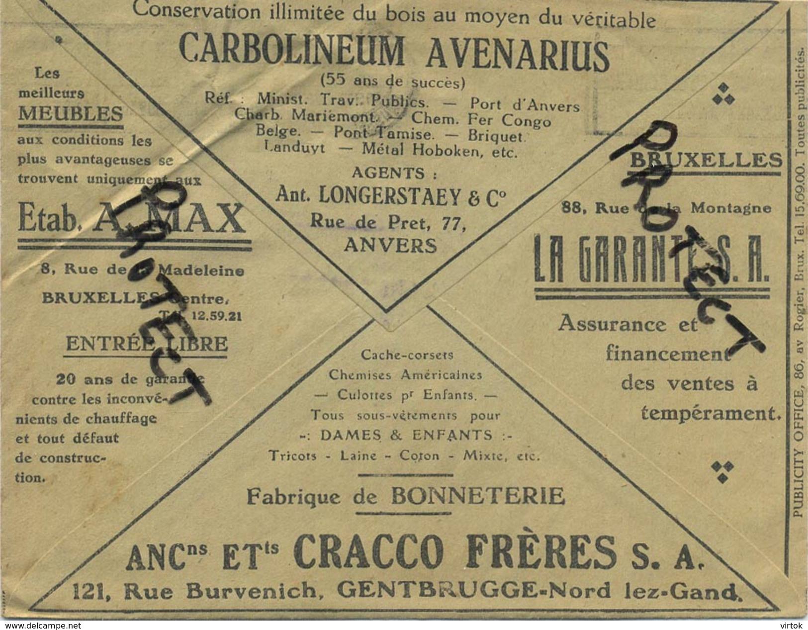 Old Envelope With Publicité: Carbolineum Avenarius ANVERS : Cracco Frères GENTBRUGGE : Bonneterie Fabrique - Omslagen