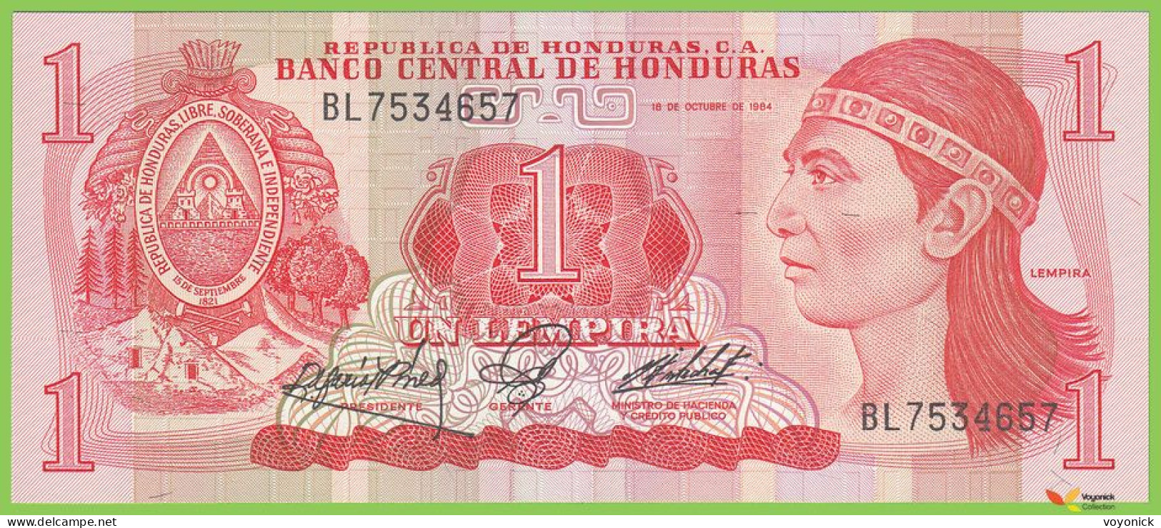Voyo HONDURAS 1 Lempira 1984 P68b B321b BL UNC - Honduras