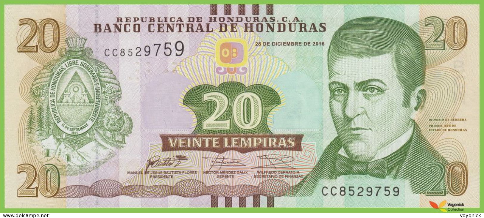 Voyo HONDURAS 20 Lempiras 2016 P100d B348d CC UNC - Honduras