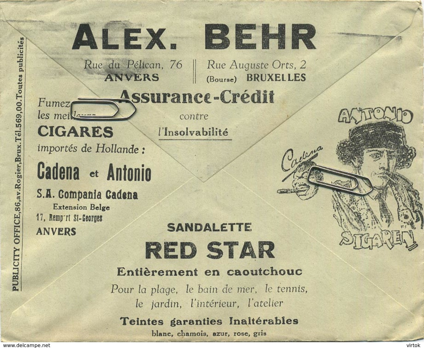 Old Envelope With Publicité 1930: Cigares Cadena Et Antonio ANVERS // Sandalette RED STAR / Assurance Anvers ALEX BEHR - Covers