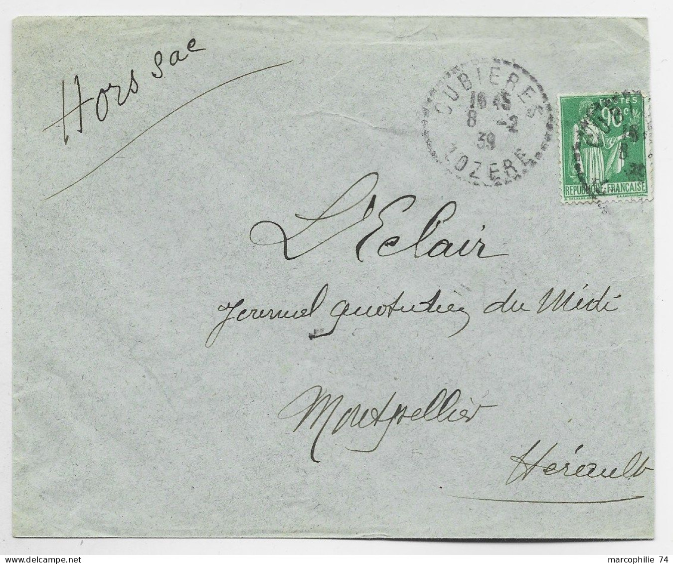 PAIX 90C VERT SEUL ENVELOPPE HORS SAC C. PERLE CUBIERES 8.2.39 LOZERE - 1932-39 Peace