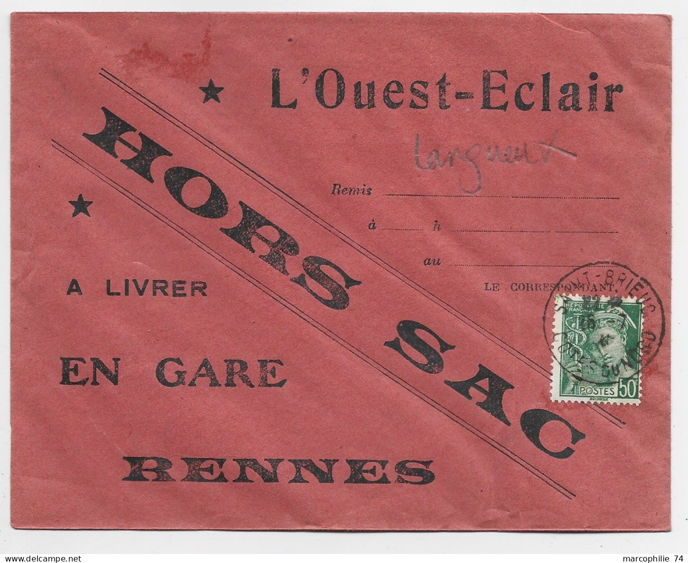 MERCURE 50C VERT  SEUL ENVELOPPE HORS SAC SAINT BRIEUC 26.7.1941 COTES DU NORD AU TARIF - 1938-42 Mercurius