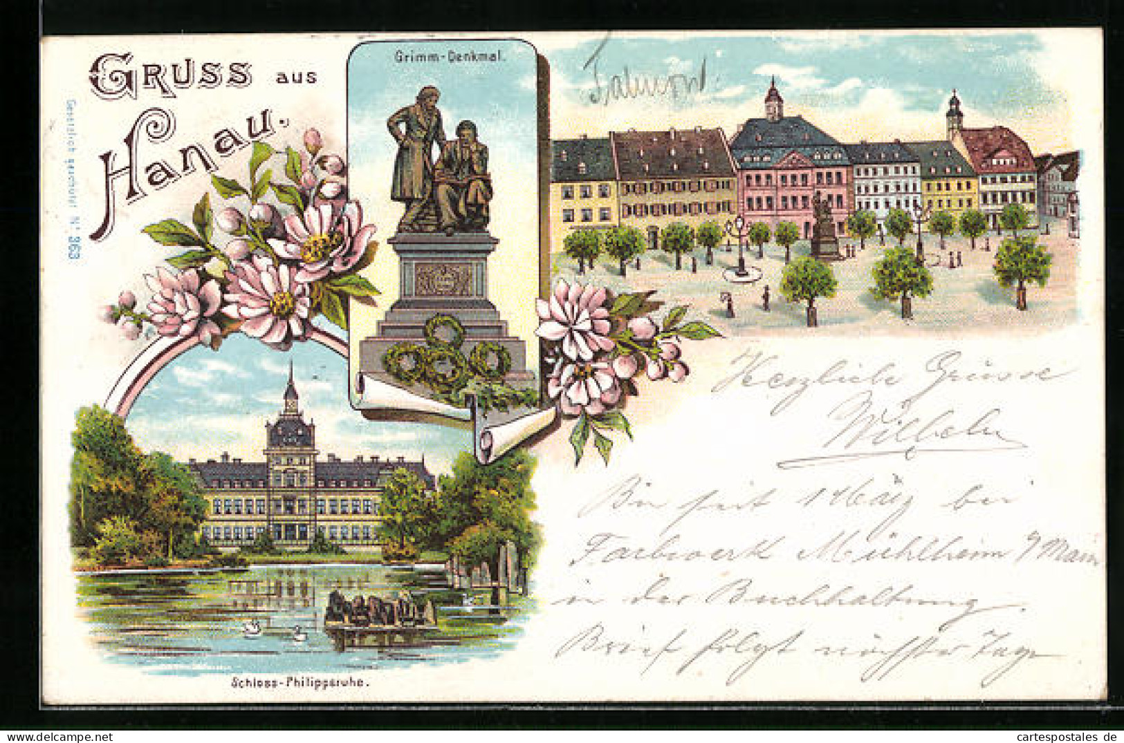 Lithographie Hanau, Schloss Philippsruhe, Marktplatz, Grimm-Denkmal  - Hanau