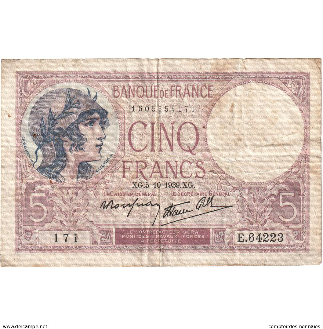 France, 5 Francs, Violet, 1939, E.64223, TTB, Fayette:04.11, KM:83 - 5 F 1917-1940 ''Violet''