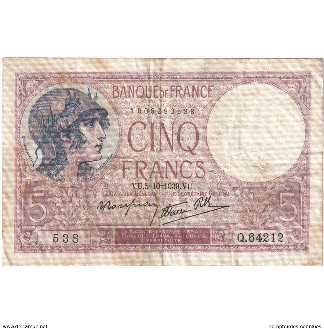 France, 5 Francs, Violet, 1939, Q.64212, TB, Fayette:04.11, KM:83 - 5 F 1917-1940 ''Violet''