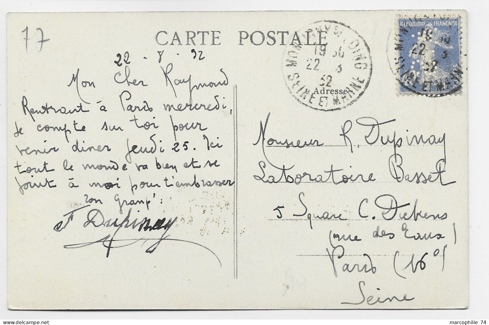 SEMEUSE 40C BLEU PERFORE S.A.  SUR CARTE DE MONTIGNY SUR LOING SEINE ET MARNE 1932 SANS ENTETE - Storia Postale