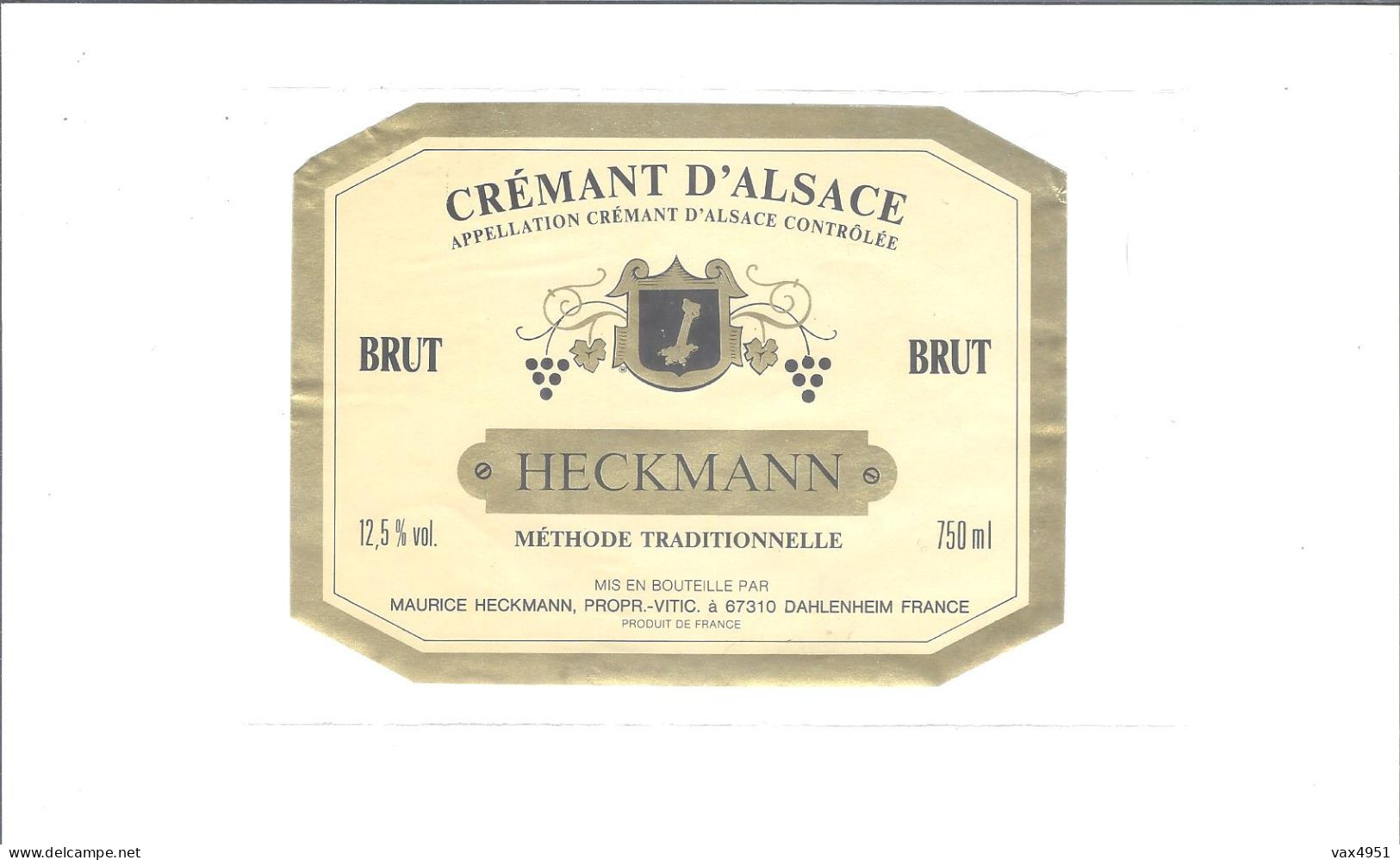 ETIQUETTE CREMANT D ALSACE    PAR MAURICE HECKMANN  67 DAHLENHEIM              ////    RARE    A   SAISIR //// - Andere & Zonder Classificatie