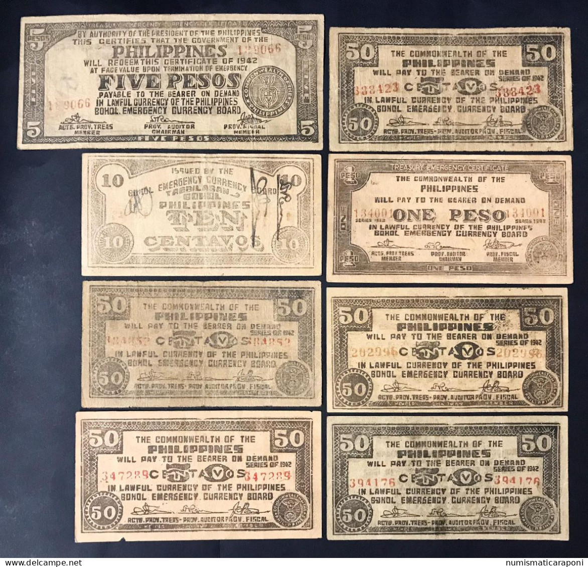 Filippine Philippines Emergency Notes WWII 1942 Emissioni Locali 8 Banconote LOTTO 2926 - Filippine